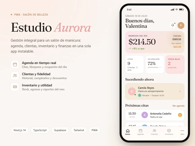 PWA Estudio Aurora con agenda e ingresos del día