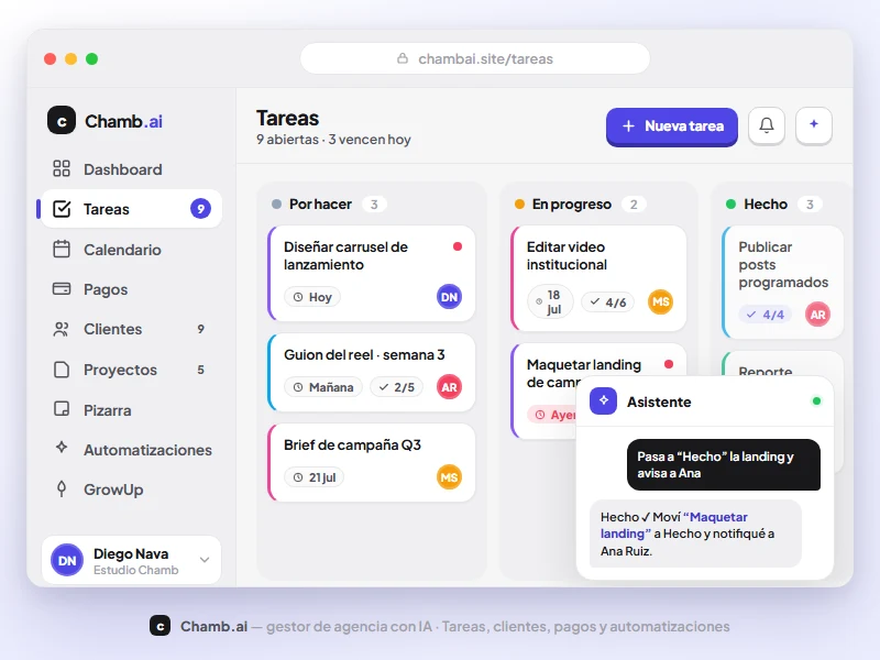 Dashboard de tareas de Chamb.ai con asistente de IA