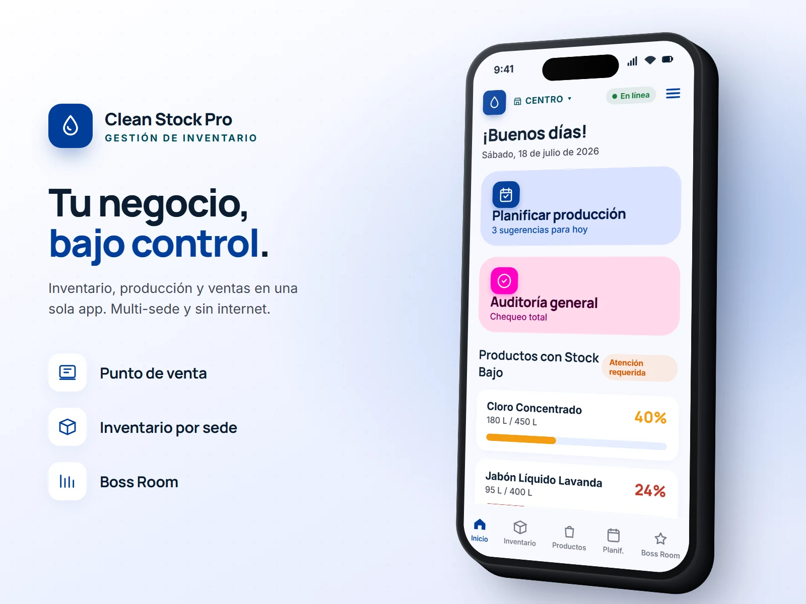 App móvil Clean Stock Pro mostrando inventario y stock bajo